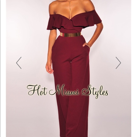 Hot Miami Styles Pants - Wine off shoulder wide legged jumpsuit